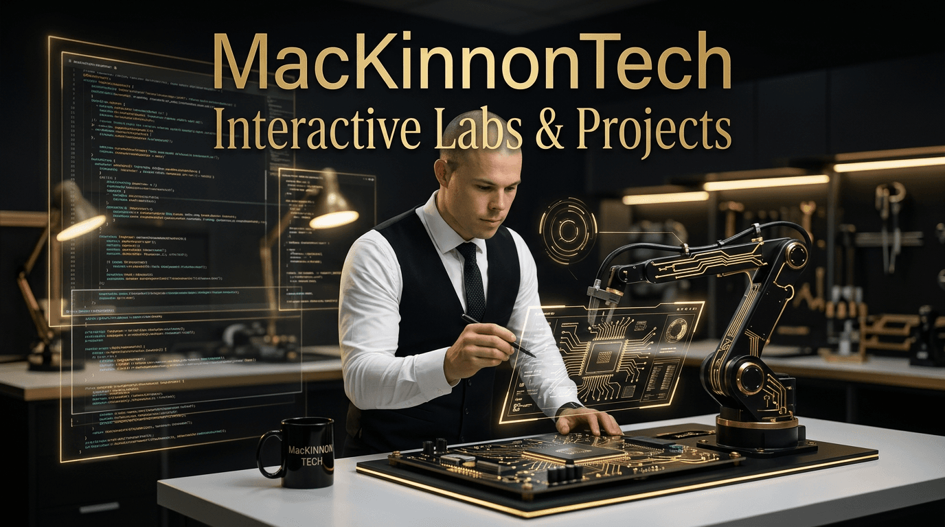 MacKinnonTech Interactive Labs & Projects — a technician working at a workbench with electronics and circuit components.