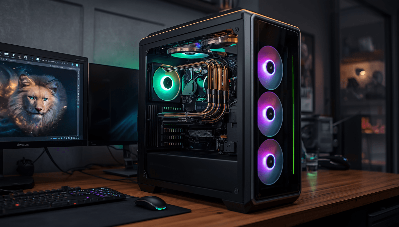 Black tempered-glass gaming PC build with green, purple, and pink RGB fan lighting, sitting on a desk next to dual monitors.