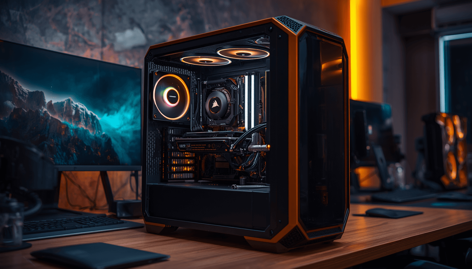 Black PC case with orange trim and tempered-glass side panel, orange and purple RGB lighting, on a desk in a dark, ambient-lit room.