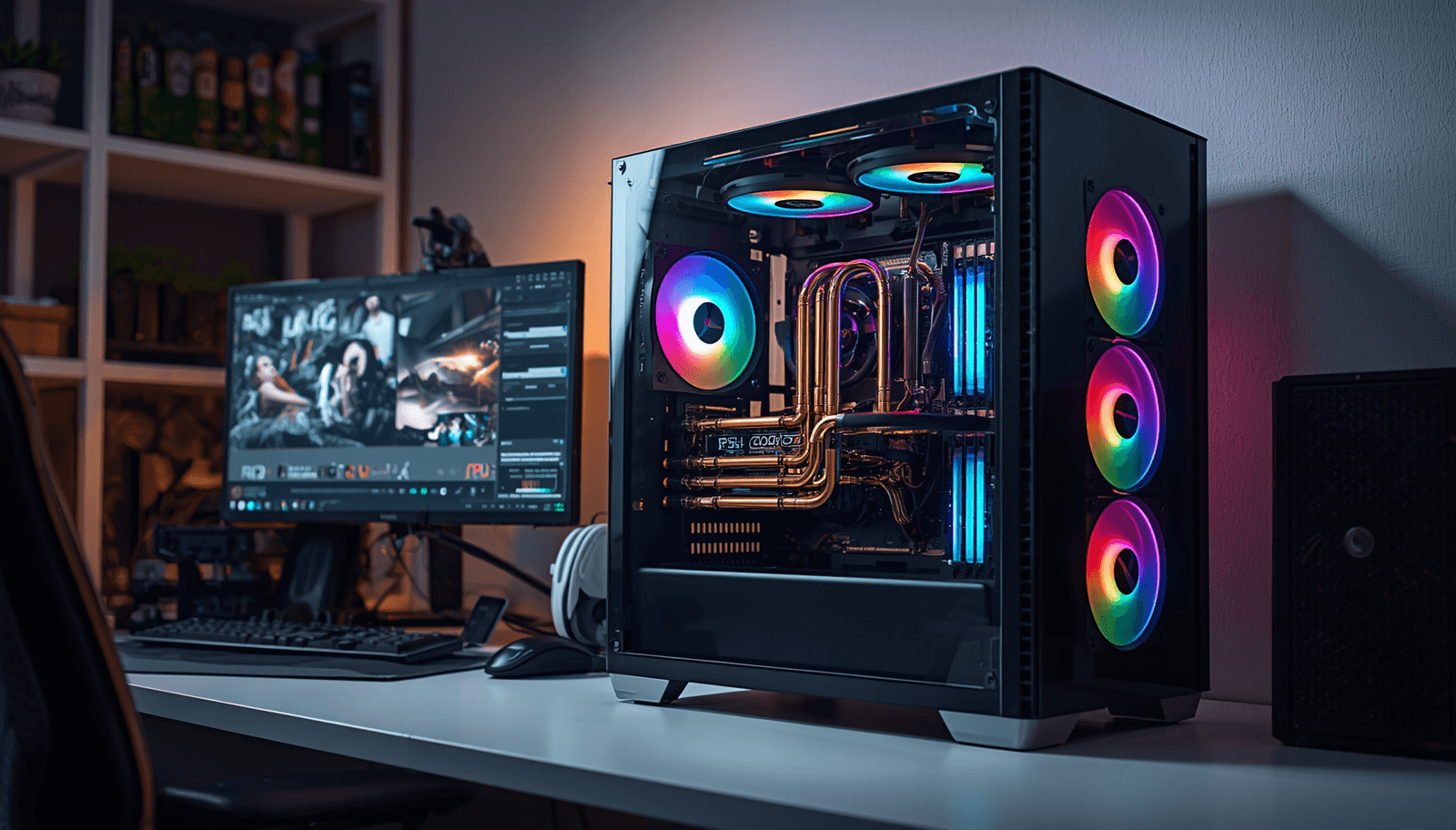 Black PC case with rainbow RGB fan lighting on top and front, positioned on a white desk in a bright room.