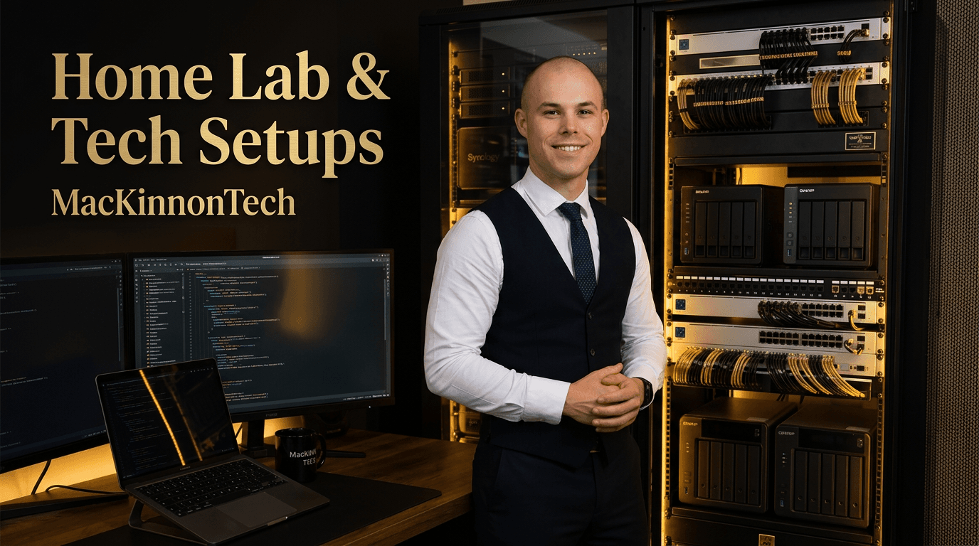 MacKinnonTech Home Lab & Tech Setups — networking equipment and a small self-hosted server rack.