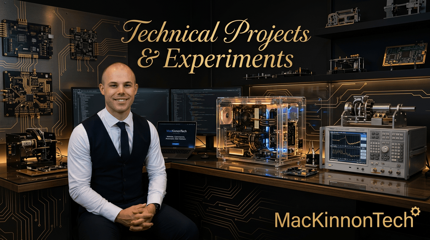 MacKinnonTech Technical Projects & Experiments — a technician seated in front of multiple monitors and lab equipment.